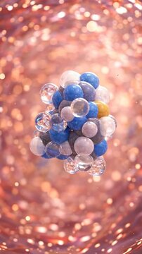 Insulin molecule moving through bloodstream medical biology biochemistry hormone glucose transport, abstract science illustration with blue transparent spheres floating soft bokeh light for diabetes