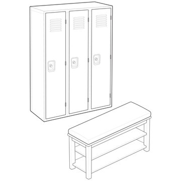 Isometric 3 door steel locker and upholstered shoe rack bench bundle linear drawing