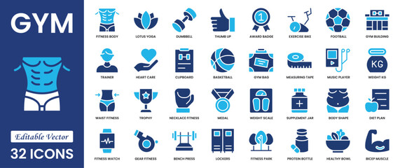 Naklejka premium Gym and fitness icon set. Containing healthy lifestyle, weight training, body care and jump rope, weightlifter, boxing glove workout or exercise equipment icons. Solid icons vector collection.
