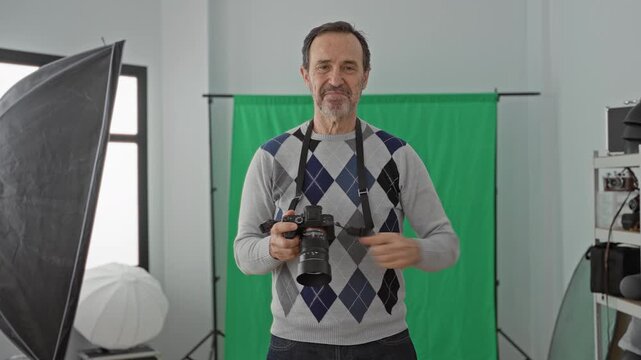 Man photographer holds dslr camera and raises fist in studio with green screen and lighting; pride success achievement.