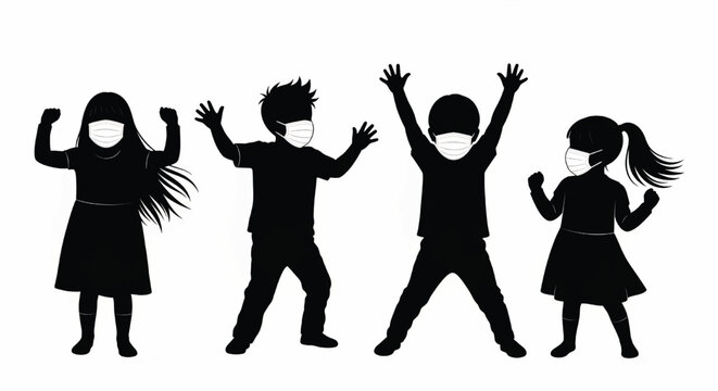 Mask wearing people dancing silhouettes with raised arms, protective face coverings and playful group pose on white background