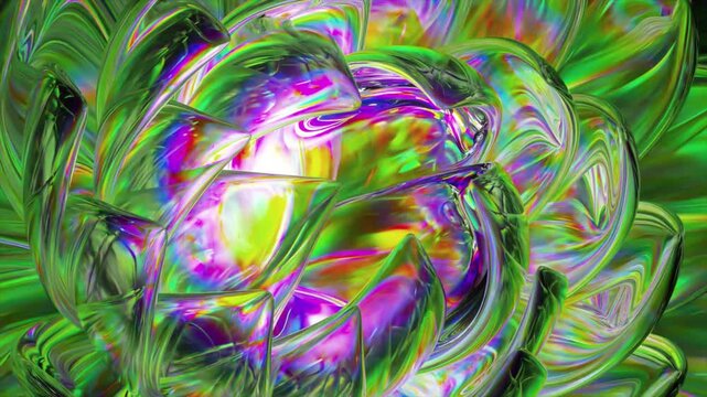 Abstract flower-like shape made of glass creating a beautiful surreal background with bright, psychedelic, and vibrant colors twisting in a seamless loop and showing a chromatic effect