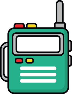 Teal cartoon handheld two-way marine radio with functional buttons and antenna handheld radio