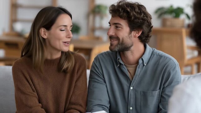 Couple reviewing CRISPR treatment consent paperwork with genetic therapist in private consultation room, gene editing therapy decision, hereditary disease treatment plan, bioethics