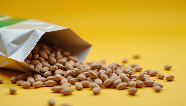 package of pistachio nuts spilling onto a vibrant yellow background, concept healthy snacking and nutrition