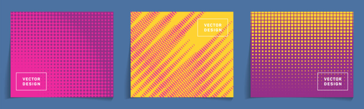 Cover templates with halftone gradient patterns vector bunch. Futuristic notebook cover pages. Artistic backdrops for education projects. Corporate branding design.
