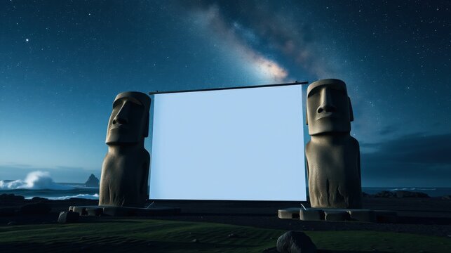 Moai statues flank large blank screen. Night sky, stars visible. Ocean waves crash nearby. Dramatic lighting creates surreal scene.
