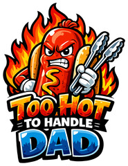 Fototapeta premium Cartoon angry sausage character holding tongs and mustard, surrounded by flames. Bold text 