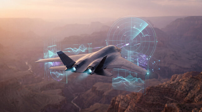 Stealth aircraft flying over canyon landscape with futuristic digital radar and data interface, showcasing advanced technology and innovation in aviation