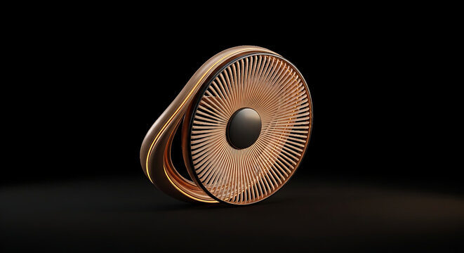 3D render of an abstract metallic sculpture with intricate geometric patterns, a futuristic artifact on a dark background, architectural detail