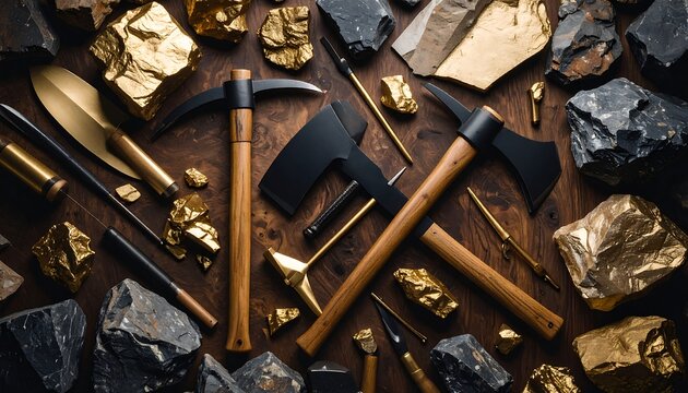 Mining tools and gold.
