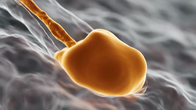 Sperm cell approaching egg with detailed head structure visible