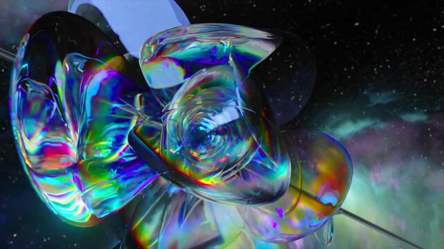 Abstract crystal object with a floral shape rotating slowly against a backdrop of a starfield and nebula, reflecting vibrant rainbow colors and light in a mesmerizing, seamless loop