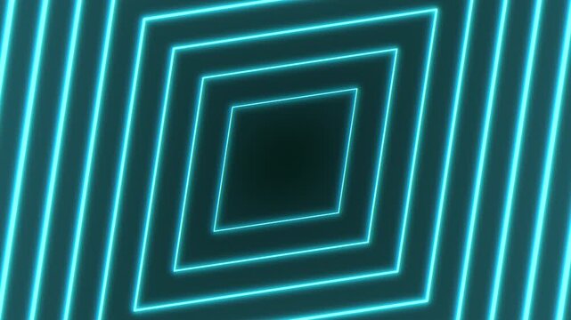 Abstract neon square frames forming a glowing tunnel with blue and cyan light lines on dark background, futuristic technology backdrop for intros and transitions