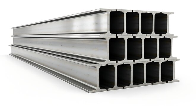 Stack of steel ibeams isolated on white background
