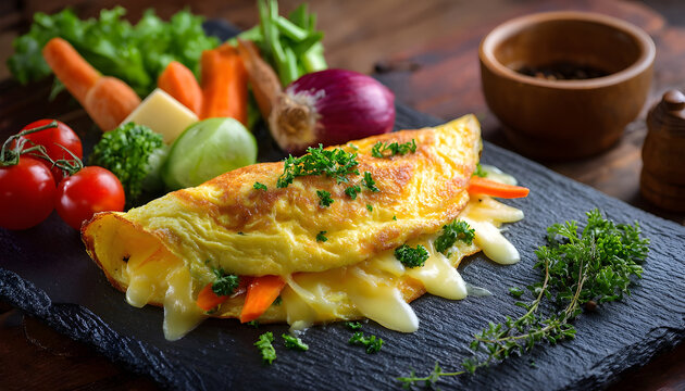 Delicious french omelette with cheese served with fresh vegetables