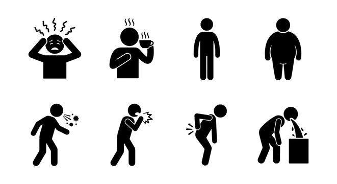 Medical symptoms and sickness icons set, black stick figure person suffering from illness and pain, health problems and disease vector collection