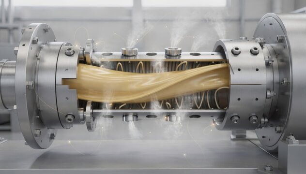 Medium shot focusing on a vented barrel extrusion system where gas evacuation improves polymer quality and reduces energy use during reactive extrusion.