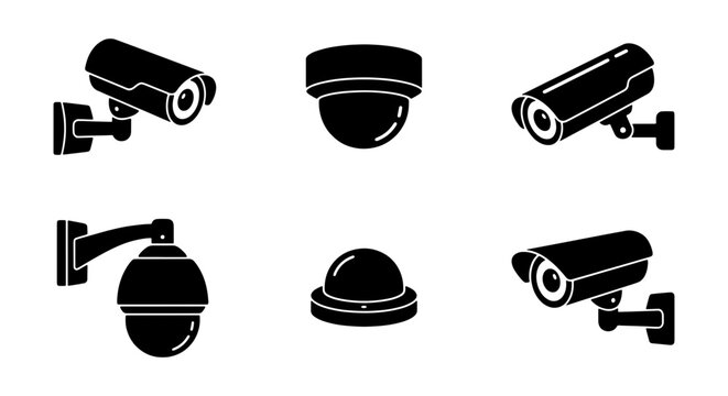 Security camera icon set, black CCTV surveillance vector symbols, 6 professional monitoring equipment graphics for safety and protection systems