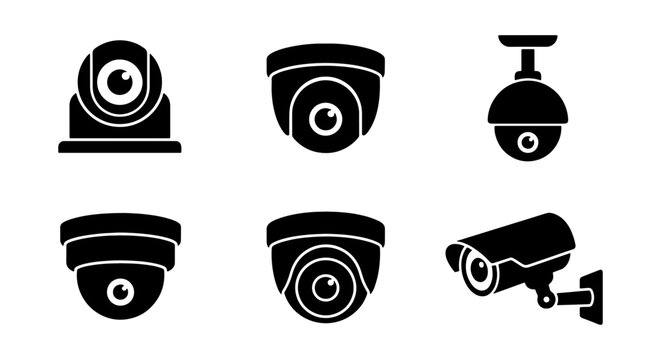 Security camera icon set with 6 black vector silhouettes, CCTV surveillance system elements, modern dome and bullet camera equipment for safety monitoring