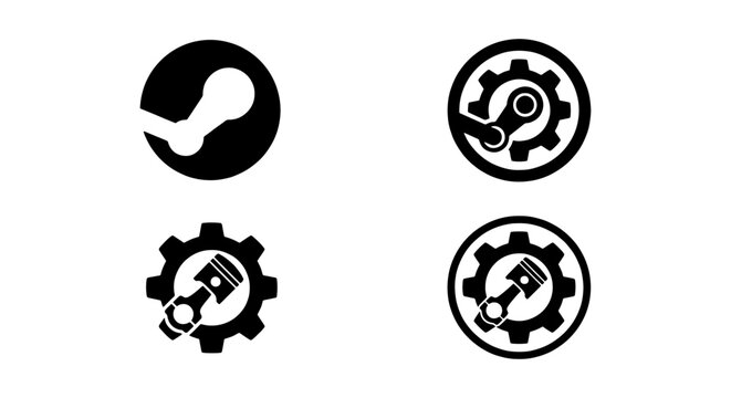 Industrial mechanical gear and piston icons, black silhouette engine parts vector set, minimalist automotive machinery symbols for repair and engineering