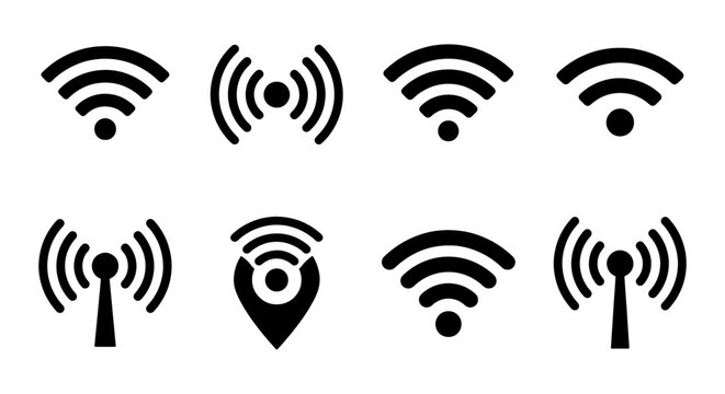 Wireless wifi icon set with 8 black vector symbols, minimalist internet signal strength indicators, radio wave and hotspot connection signs
