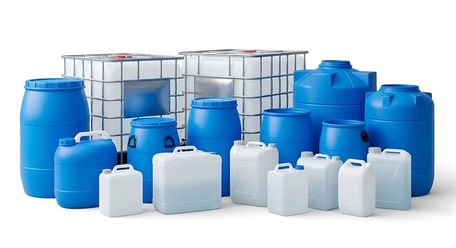 Collection of various industrial plastic containers isolated on white background