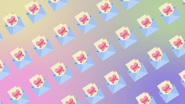 Seamless pattern of love letters with hearts on a pastel gradient background animation. Romantic Valentine's Day invitation concept with envelope icons. Flat design sweet wedding wallpaper design.