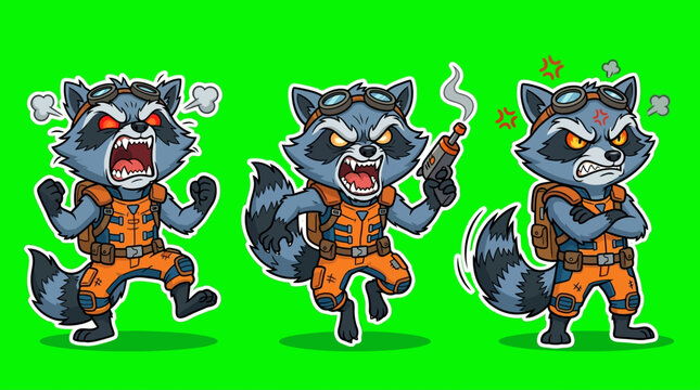 Cartoon Raccoon Characters in Various Angry Poses
