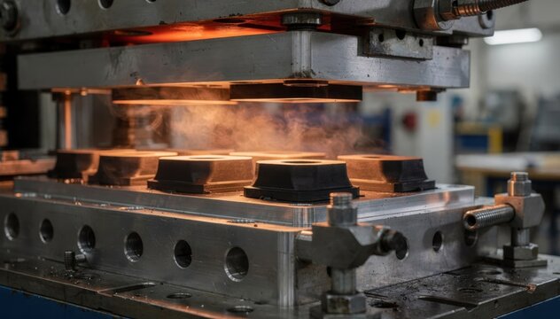 Industrial medium shot capturing compression molding of vibration mounts with heated press compressing rubber preforms within metal molds focusing on durable shockabsorbing parts