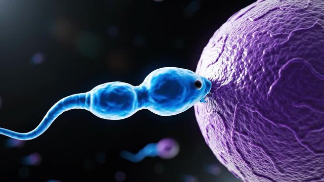 Sperm cell penetrating purple egg cell in dark background
