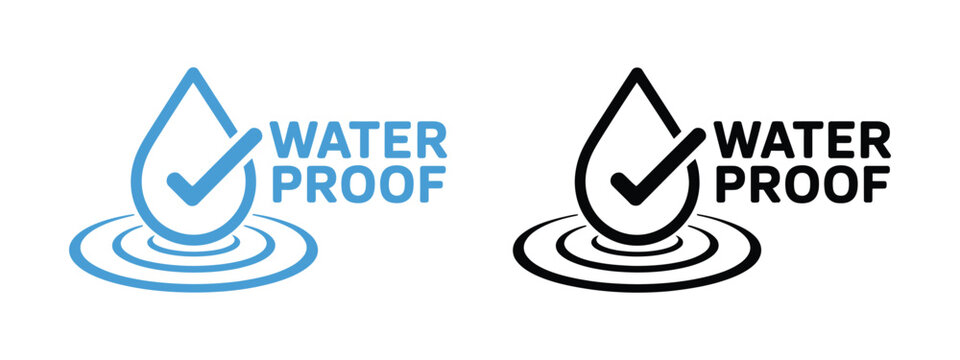 Water Resistant Icon Collection, Blue Gradient Droplet With Check Mark, Protection And Waterproof Guarantee Symbols, Clean Modern Vector Illustration For Labels, Certifications, And Product Design.