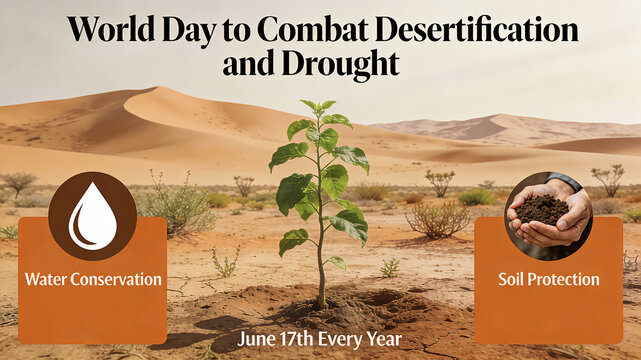 Desert saplings and water-saving icons, conveying the concept of soil and water conservation on desertification and drought prevention days, environmental science popularization materials
