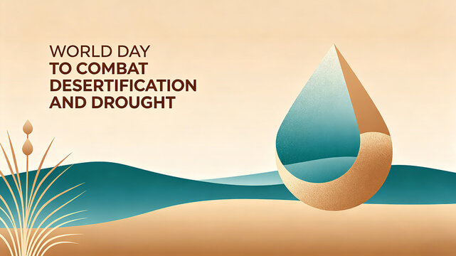 Desert water droplets and vegetation elements, promoting the concept of symbiosis between water and land to prevent desertification and drought, and adapting to environmental protection propaganda
