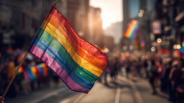Rainbow pride flag waving during lgbtq parade with crowd in city street at sunset