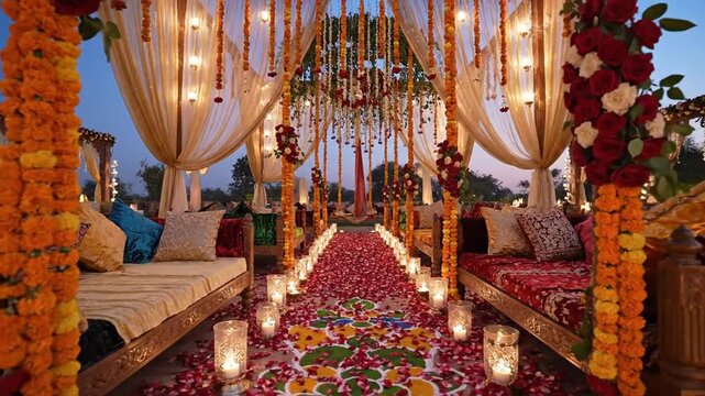Decorative outdoor wedding canopy setup with vibrant drapes and floral accents at sunset