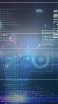 Vertical video: HUD starting pan, updating market charts, floating binary digits for insight