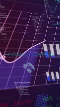 Vertical video: 3D dashboard after code appears, globe fading, line drawing, bars rising for trends
