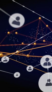 Vertical video: White beam sweeping sparking user icons gliding linking gold net for tech designers