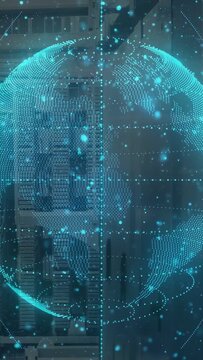 Control system initiating holographic globe, globe rotating and displaying tech data over racks