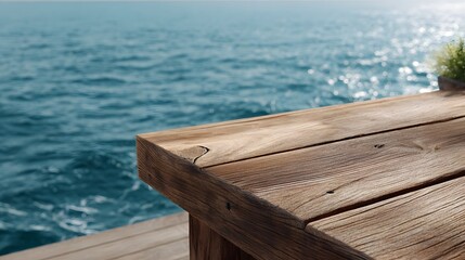 Fototapeta premium A close up view of a rustic wooden deck railing overlooking the vast tranquil blue ocean on a bright day