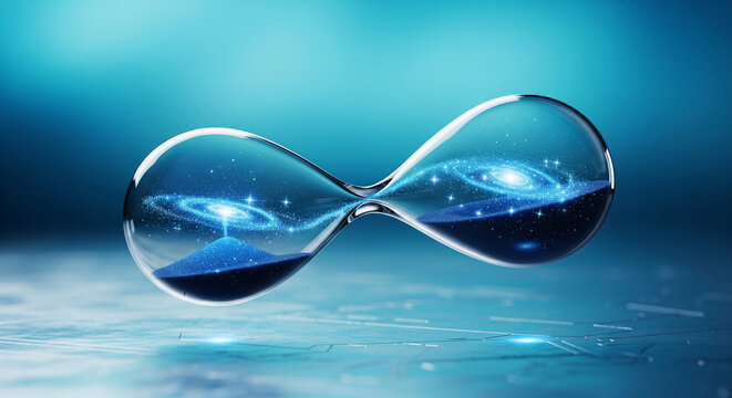 Magical horizontal hourglass containing a glowing blue galaxy perfect for surreal infinite time and universe concepts