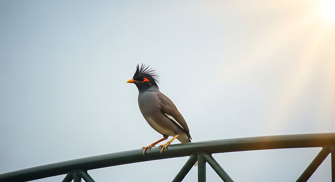 A common myna bird with a crest perched on a railing against a hazy sky with bright sun rays filtering through, representing nature and wildlife