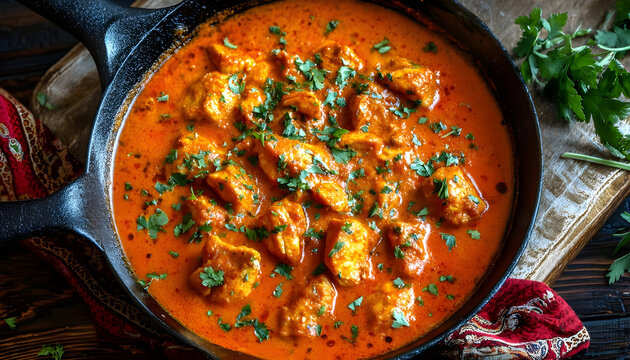 Delicious chicken tikka masala curry in cast iron pan