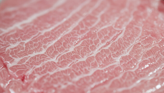 Raw Bluefin tuna Otoro belly texture with intricate white fat marbling