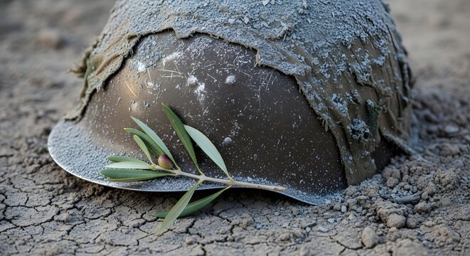 Damaged soldier helmet lying on dry cracked earth with green olive branch as symbol of ceasefire.
