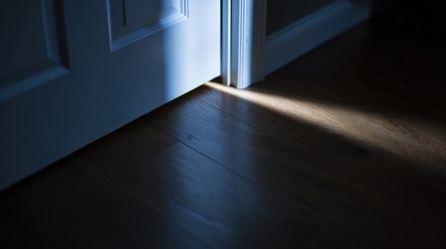 ajar. A closed door slightly ajar with a beam of light on a dark hallway floor. wellbeing guides, coaching materials, designed for mental health education and mindfulness programs, used by chefs.