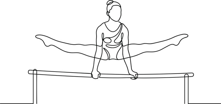 Female gymnast performing split on uneven bars artistic gymnastics training flexibility sport line art vector illustration