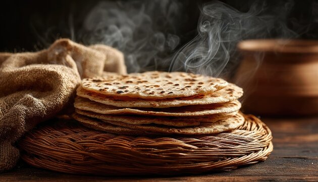 A stack of freshly made Makki di Rotis on a wicker basket, steam, rustic kitchen background.