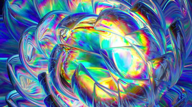 Colorful liquid crystal transforming into a beautiful, seamless motion design with vibrant holographic and rainbow light reflections, creating a surreal and mesmerizing abstract background